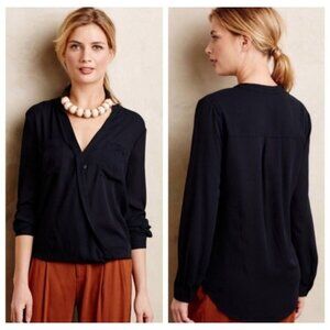 Maeve 6 Black Semi Sheer High Lo Wrap Blouse V Neck Pockets Draped EVA Anthropol